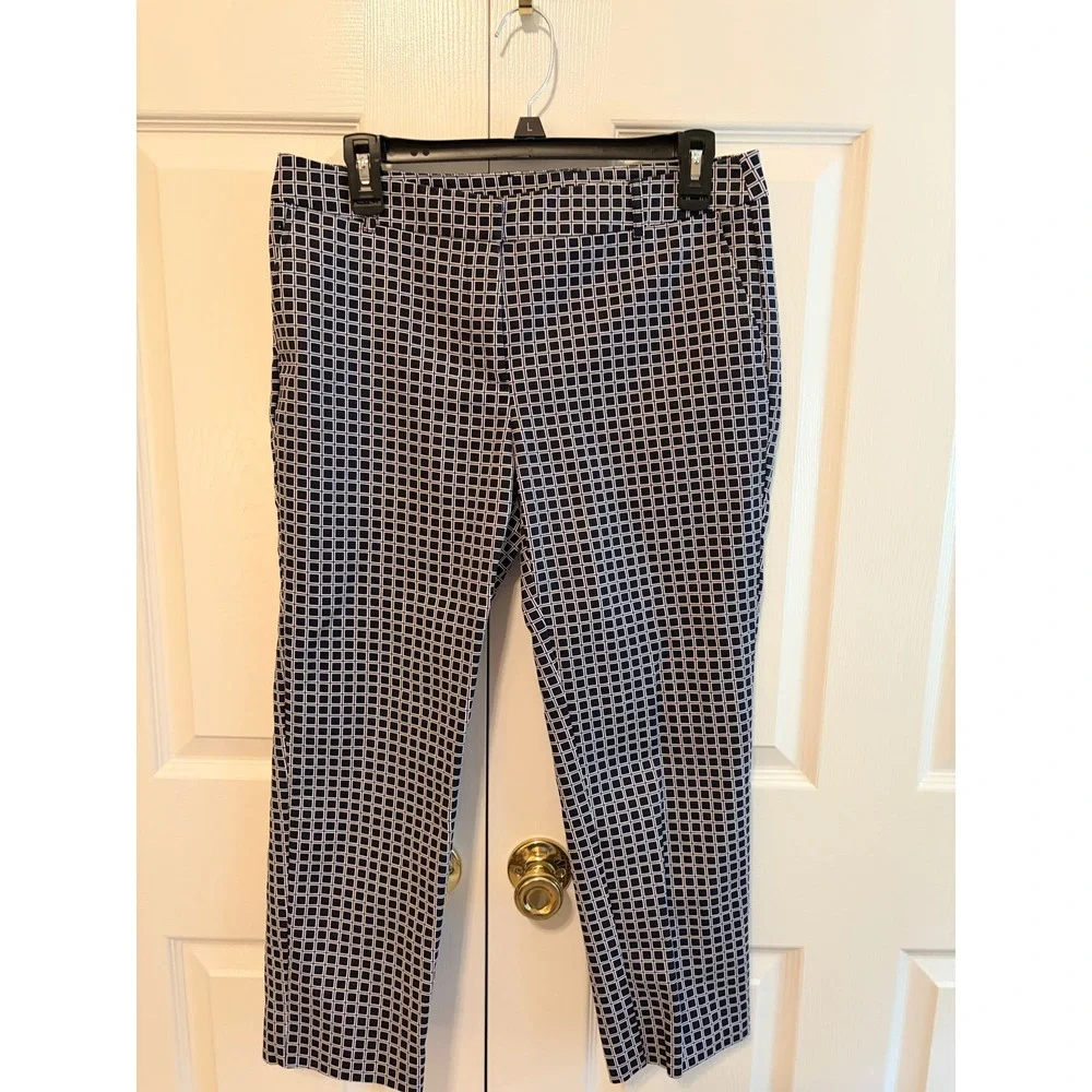 Anne Klein Navy White Geometric Grid Print Slim Leg Dress Pants Womens 10